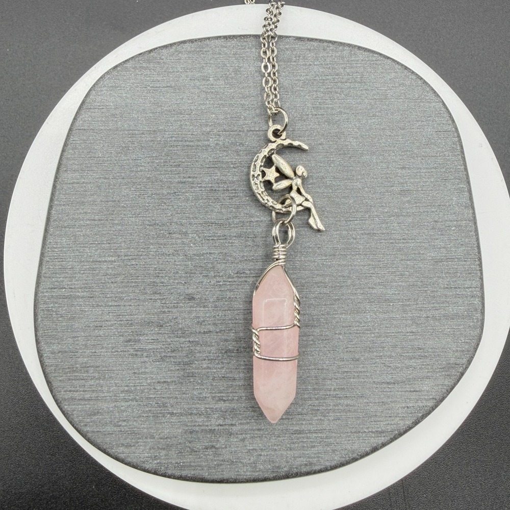 Rose Quartz Crystal Point Fairy Moon Star Pendant Necklace Silver Tone Fashion